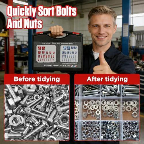 Front view: 48-piece Amazon bolt and nut thread checker set in a black case; standard 25 inch and 23 metric sizes.