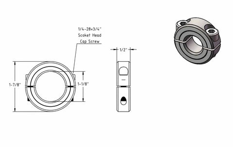 Double Split Shaft Collar Set Screw Carbon Steel With Allen Wrench 1-1/8 Inch Bore Heavy Duty Locking Clamp For Machinery And Industrial Use Includes 4 Pieces Rugged Fit And Minimal Slippage, dimensioned view