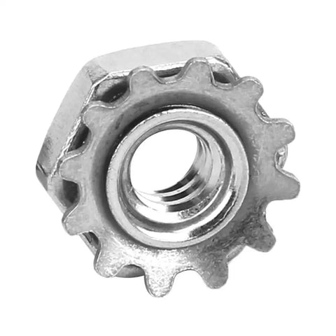 Rock Solid 100 Steel Toothed Nut with Star Washer 6 32 Thread for industrial robots, showing steel material and tooth design.
