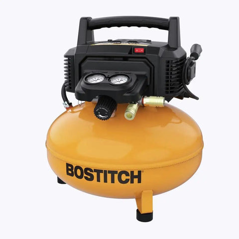 Bostitch 6 Gallon Pancake Air Compressor With Oil-Free Pump And High-Flow Delivery Up To 150 PSI And 2.6 SCFM For Nails, Staples And Finish Work In Garage Or Shop Easy Portability
