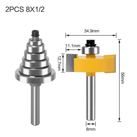 Heavy Hitter Rabbet Router Bit Set With Six Precision Cnc Woodworking Cutters Quarter Inch And Eight Millimeter Shank Picks showing two router bits with measurements.