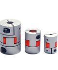 Solid Four Jaw Aluminium Shaft Coupler D14L22 For Stepper Motors showing three sizes with red elastic cushion detailing.