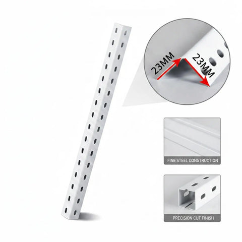Heavy Duty Perforated Angle Steel Shelf Post 94.5 Inch White Upright with precision details for industrial shelving