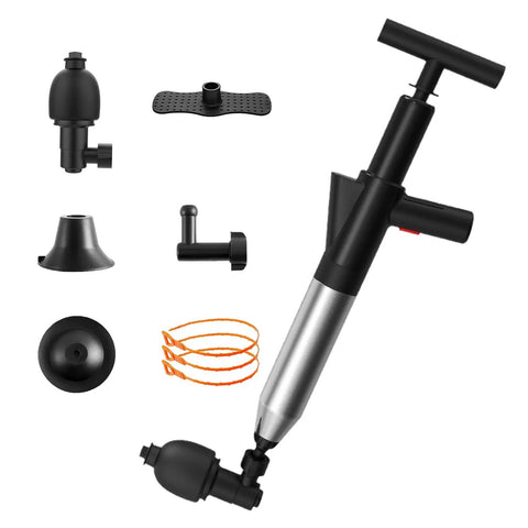 High Pressure Toilet Plunger For Clogs With Real Time Barometer And Stainless Steel Drain Blaster, interchangeable heads