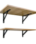 Heavy Duty Folding Shelf Brackets 8 Inch White Metal Corner Braces support two wooden shelves mounted on wall.