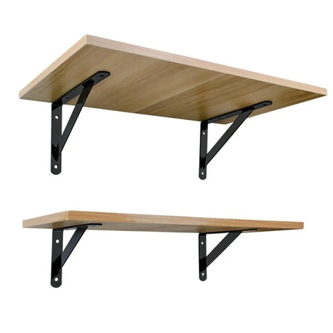 Heavy Duty Folding Shelf Brackets 8 Inch White Metal Corner Braces support two wooden shelves mounted on wall.