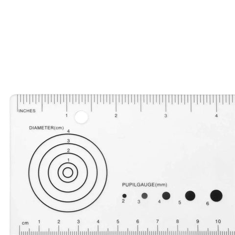 Pro Grade Wound Measurement Ruler With Pupil Gauge Reference For Medical Use, Dual Metric Inches And Centimeters, Durable Paper Ruler For Clinics, Hospitals, Vet Offices, Labs, And Field Notes. Wound ruler with inch and cm scales, diameter circles, and pupil gauge.
