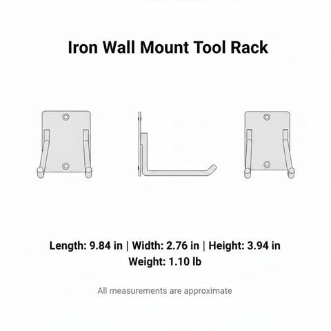 Heavy Duty Iron Wall Mount Tool Rack For Shovels And Rakes, side and front views, dimensions listed, vertical garage organizer