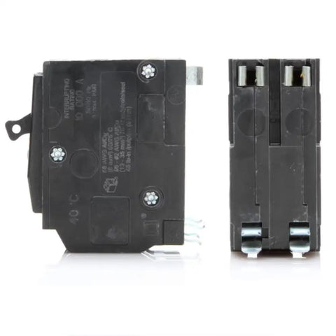 QO250 50 Amp 2 Pole Circuit Breaker Kit For 120/240V AC Load Centers And Panels Plug-In Mount 10kAIC Visi-Trip Indicator OEM Replacement For Easy Swap In Your Electrical Panel, front and side view