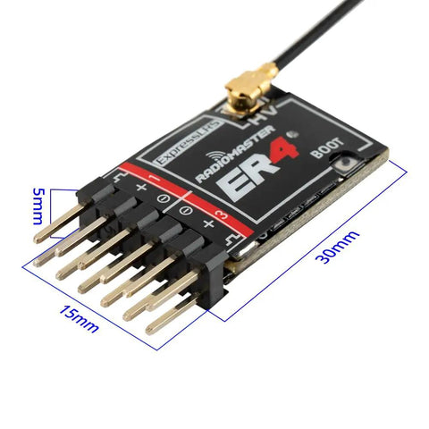 ER4 2.4GHz ExpressLRS Receiver with 4CH PWM Low Latency Voltage Telemetry and WiFi Update, black module with pins and antenna