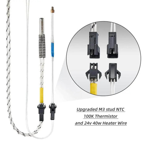 Ender 3 Hotend Upgrade Kit with M3 Stud Thermistor, 24V 40W, showing connectors and heater wire for Creality 3D printers.