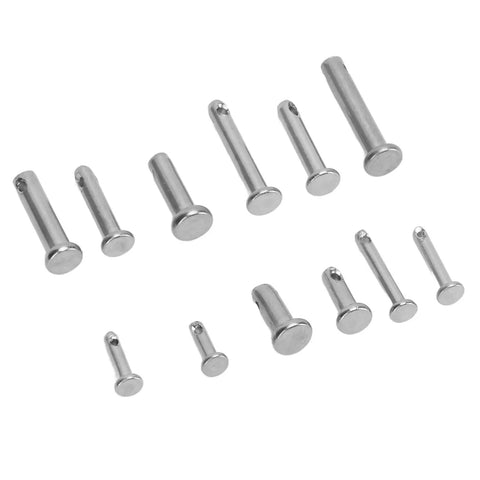 12 Size Stainless Steel Clevis Pin Set 44 Pack Assortment Kit For Car Repair And Hardware Projects, single hole flat round pins shown