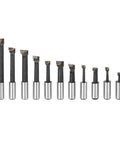Front view: 12-piece set of F1 Type boring cutters with 5/8 inch shanks, high-speed steel CNC milling tools