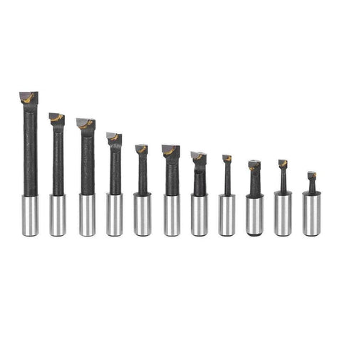 Front view: 12-piece set of F1 Type boring cutters with 5/8 inch shanks, high-speed steel CNC milling tools