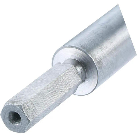 Close-up of a steel bit from Forstner Bit Set With Hex Shank 16-Piece, Smooth Clean Flat-Bottom Holes For Woodworking