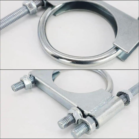 Close-up view of the 2.5 Inch Universal Exhaust Clamp With Hanger For Cars And Rigs, showing heavy duty muffler pipe repair bracket, zinc plated.
