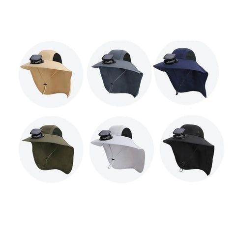 Assorted colors of Solar Powered Fan Hat With Detachable USB Solar Power, Wide Brim Sun Shield, Adjustable Fit For Hiking Camping Fishing