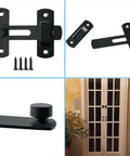 Top Shelf Matte Black Stainless Steel Gate Latch Flip Lock Safety Door Bolt Heavy Duty Sliding Barn Hardware Tough Rust Proof Catch With No Sweat Install Kit displayed with screws and mounted on a door.