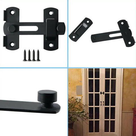 Top Shelf Matte Black Stainless Steel Gate Latch Flip Lock Safety Door Bolt Heavy Duty Sliding Barn Hardware Tough Rust Proof Catch With No Sweat Install Kit displayed with screws and mounted on a door.