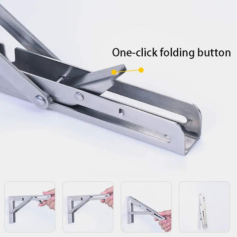 Premium 304 Stainless Steel Folding Shelf Brackets Triangle Wall Mounts with one-click folding button mechanism