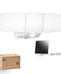 Big 3600 Lumen Solar Flood Lights With Separate Panel, featuring 5000K cool white, three adjustable heads, and dimmable settings.