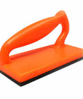 Durable 5 Piece Safety Push Block Set For Woodworking Including One Long Push Block Two Short Push Blocks One V Stick And One Push Stick In Bright Orange For High Visibility On Router Tables Shapers Band Saws Table Saws And Jointer Pro Grade Heavy Duty; close-up of an orange push block with handle.