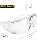 OTG Safety Glasses For Over Eyeglasses Pack Of 4 For Men And Women Anti Fog Dust Proof UV Protection ANSI Z87 1 shown with dimensions