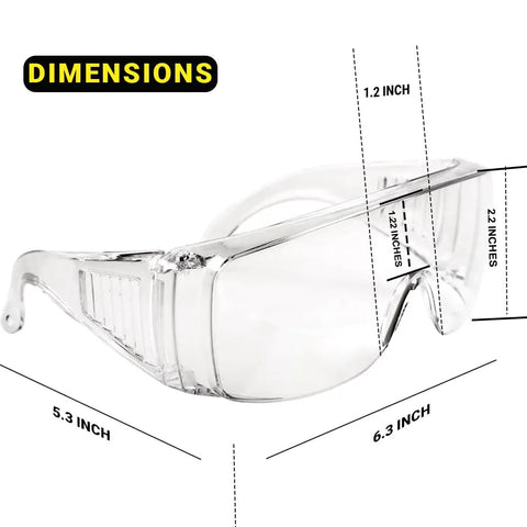 OTG Safety Glasses For Over Eyeglasses Pack Of 4 For Men And Women Anti Fog Dust Proof UV Protection ANSI Z87 1 shown with dimensions