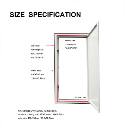 Size specifications for Beefy Metal Access Panel 14 By 29 Inch With Spring Lock No Key Needed For Drywall And Ceiling White Steel Door
