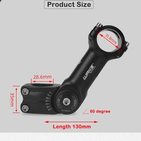 Adjustable Bike Stem 31.8mm, 130mm, 0 to 60 Degree MTB Handlebar Stem, CNC Machined 6061 Aluminum dimensions displayed in image