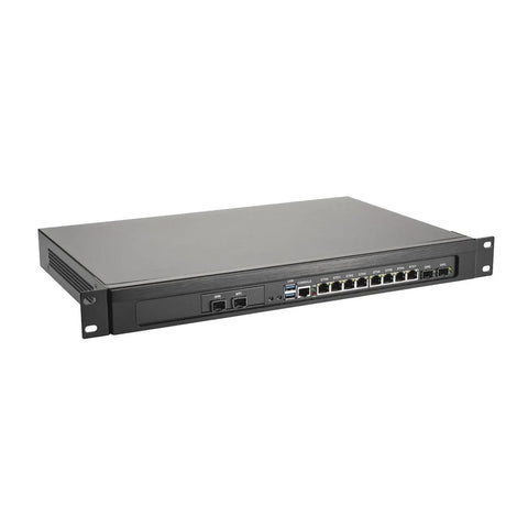 Kickass Home Lab Networking Rig With Intel Core I5 Processor And Eight 25gbe Lan Ports Plus Four Sfp Uplinks, front view in black, rackmount design.