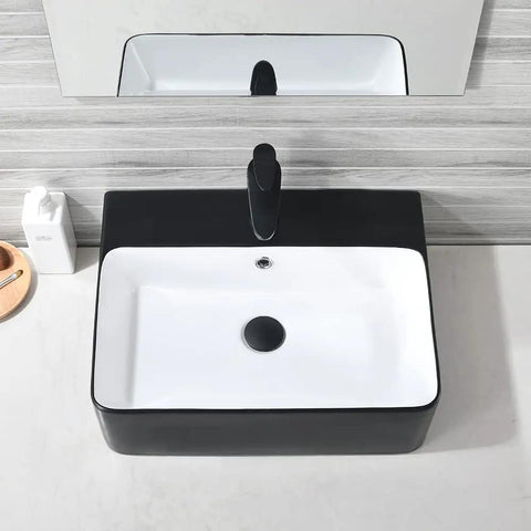 Matte Black Vessel Sink And Faucet Combo For Modern Bathrooms 18x16 Inch Rectangular Above Counter Porcelain Ceramic Vanity Sink With Dual Faucets Pop Up Drain And Water Lines