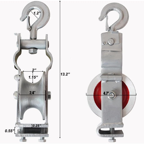 Rugged Heavy Duty Cable Pulley Cast Aluminum Wheel Wear Resistant Sheave Two Fixing Methods, safety lock, high visibility red wheel