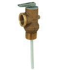 Brass water heater temperature and pressure relief valve with blue lever and white discharge tube