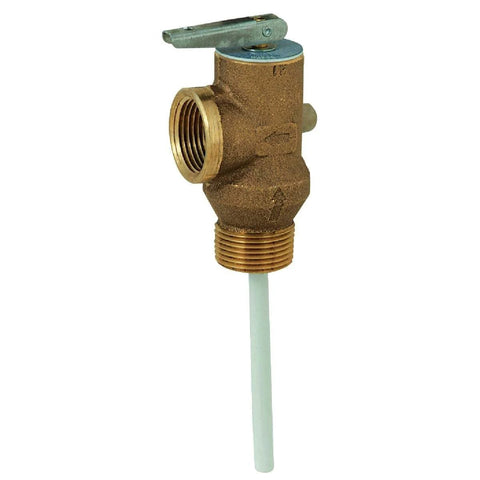Brass water heater temperature and pressure relief valve with blue lever and white discharge tube