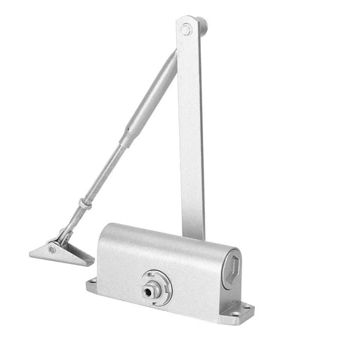 Adjustable Automatic Hydraulic Door Closer With 90 Degree Positioning, cast aluminum and steel, telescopic arm, side view
