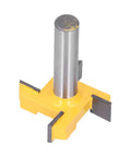 Top Tier Strong Hardened Steel 4 Flute Surfacing Router Bit With Anti Rebound Design For Smooth Wood Milling And Planing Tasks. The image shows a yellow and silver router bit.
