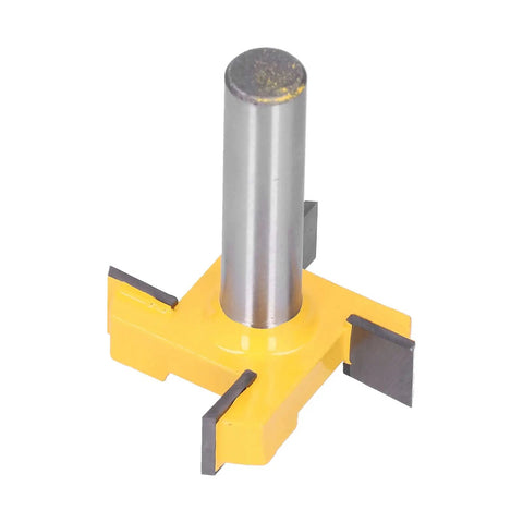 Top Tier Strong Hardened Steel 4 Flute Surfacing Router Bit With Anti Rebound Design For Smooth Wood Milling And Planing Tasks. The image shows a yellow and silver router bit.