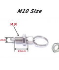 Bulletproof Stainless Steel Spring Plunger Pins Two Piece Kit M10 By Twenty Millimeter with pull ring and nut, showing dimensions.