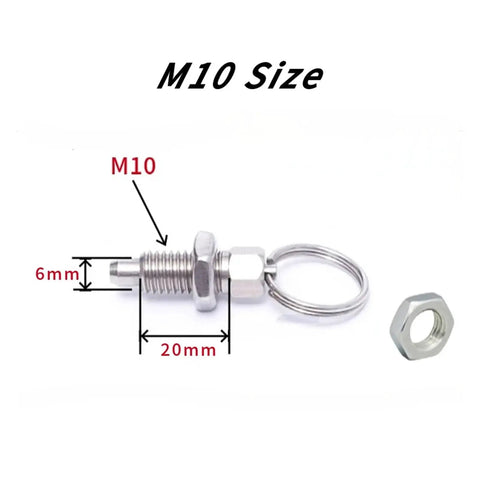 Bulletproof Stainless Steel Spring Plunger Pins Two Piece Kit M10 By Twenty Millimeter with pull ring and nut, showing dimensions.