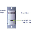 Decora 120 277 Volt Wall Switch Occupancy Sensor ODS10 IDE Black front view, showing PIR sensor, Fresnel lens, and ON/OFF button.