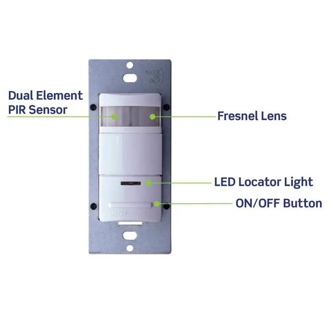 Decora 120 277 Volt Wall Switch Occupancy Sensor ODS10 IDE Black front view, showing PIR sensor, Fresnel lens, and ON/OFF button.