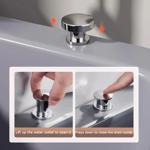 Close-up of one button drain mechanism on Heavy Duty Freestanding Slop Sink With Built In Storage Shelf For Kitchen Workshop Laundry And Garage