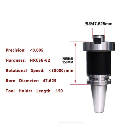 Heavy Duty Bt50 Cnc Milling Tool Holder Built Like A Tank From Rust Resistant Steel, 150mm length, 47.625mm bore diameter.