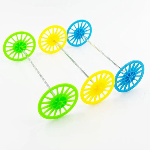 Vintage Toy Car Wheels Set With 2mm Round Shaft Axles For RC Cars Trucks And DIY Robots 30Pcs in green, yellow, and blue color.