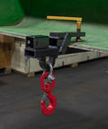 Clamp On Tractor Bucket Hitch Receiver Adapter With Chain Hook And Lifting Ring For Front Bucket Lips Two Inch Receiver 1100 Lb Towing Capacity Easy Slide On Clamp On Design attached to green tractor bucket.