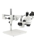 Pro Grade Trinocular Stereo Zoom Microscope With Boom Stand Long Working Distance For Big Parts Like Circuit Boards And Dental Appliances 10X Widefield Eyepieces Adjustable Interpupillary, side view on white base