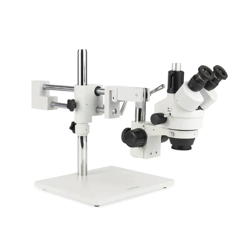 Pro Grade Trinocular Stereo Zoom Microscope With Boom Stand Long Working Distance For Big Parts Like Circuit Boards And Dental Appliances 10X Widefield Eyepieces Adjustable Interpupillary, side view on white base