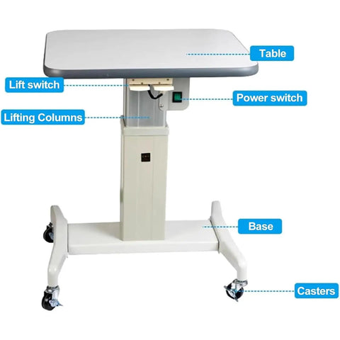 Heavy Duty Motorized Optometry Lift Table Boasting Slick Electric Height Adjustment showing table features and components.