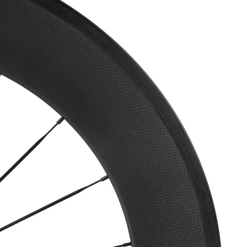 Close-up of Carbon Road Wheelset 700c Matte Finish Clincher With 88mm Rim Brake showing deep rim profile and spoke detail.